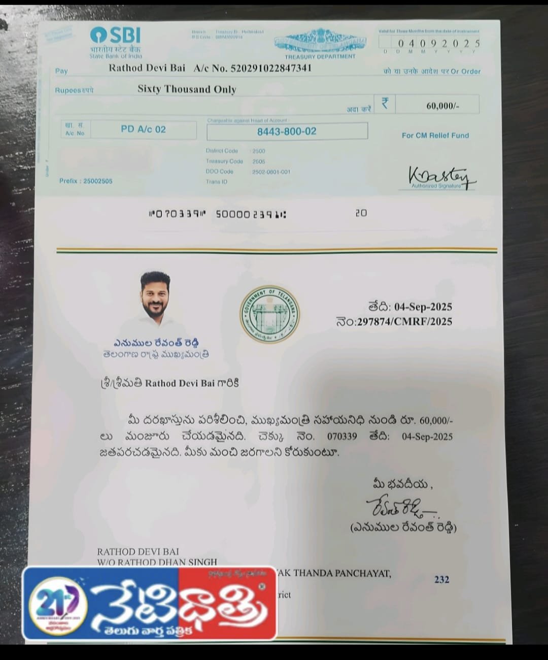 సీఎం సహాయ నిధి: దేవి బాయ్కు రూ. 60,000 చెక్కు పంపిణీ…